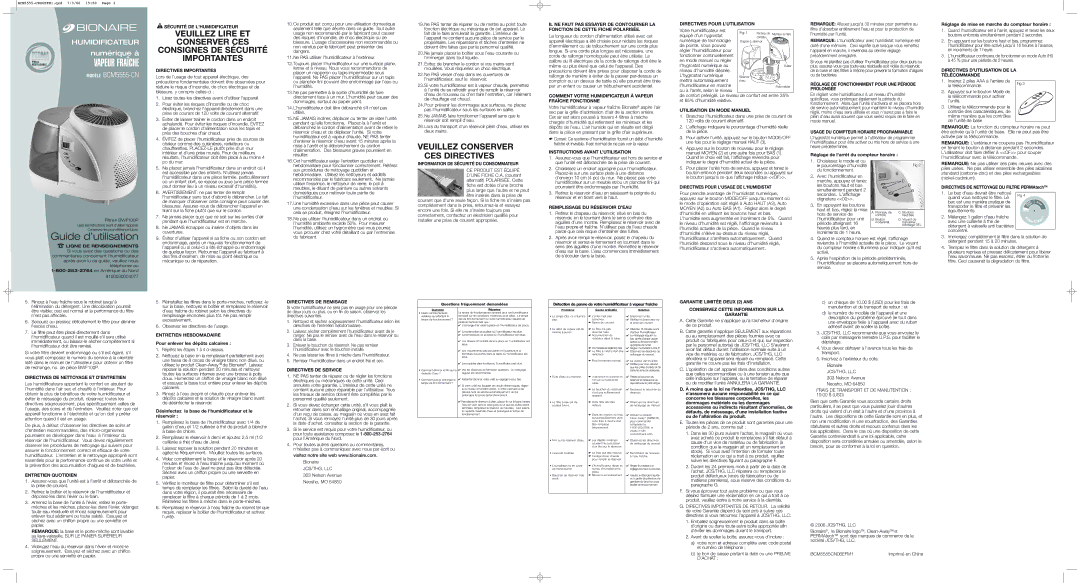 Bionaire BCM5555CN06EFM1 Sécurité DE Lhumidificateur, Directives Importantes, Fonction DE Cette Fiche Polarisée 