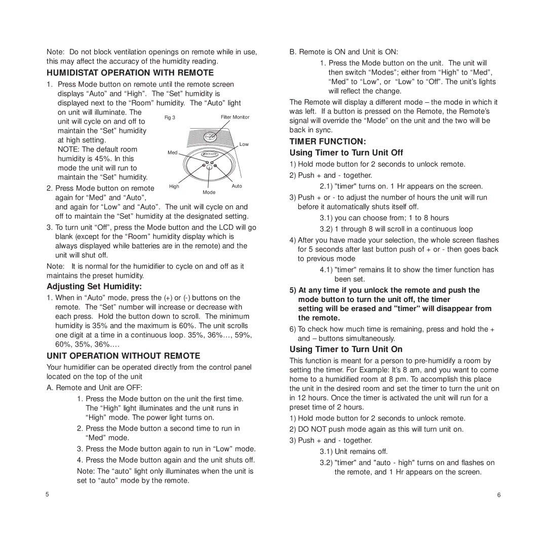 Bionaire BCM6100 Humidistat Operation with Remote, Unit Operation Without Remote, Timer Function, Again for Med and Auto 