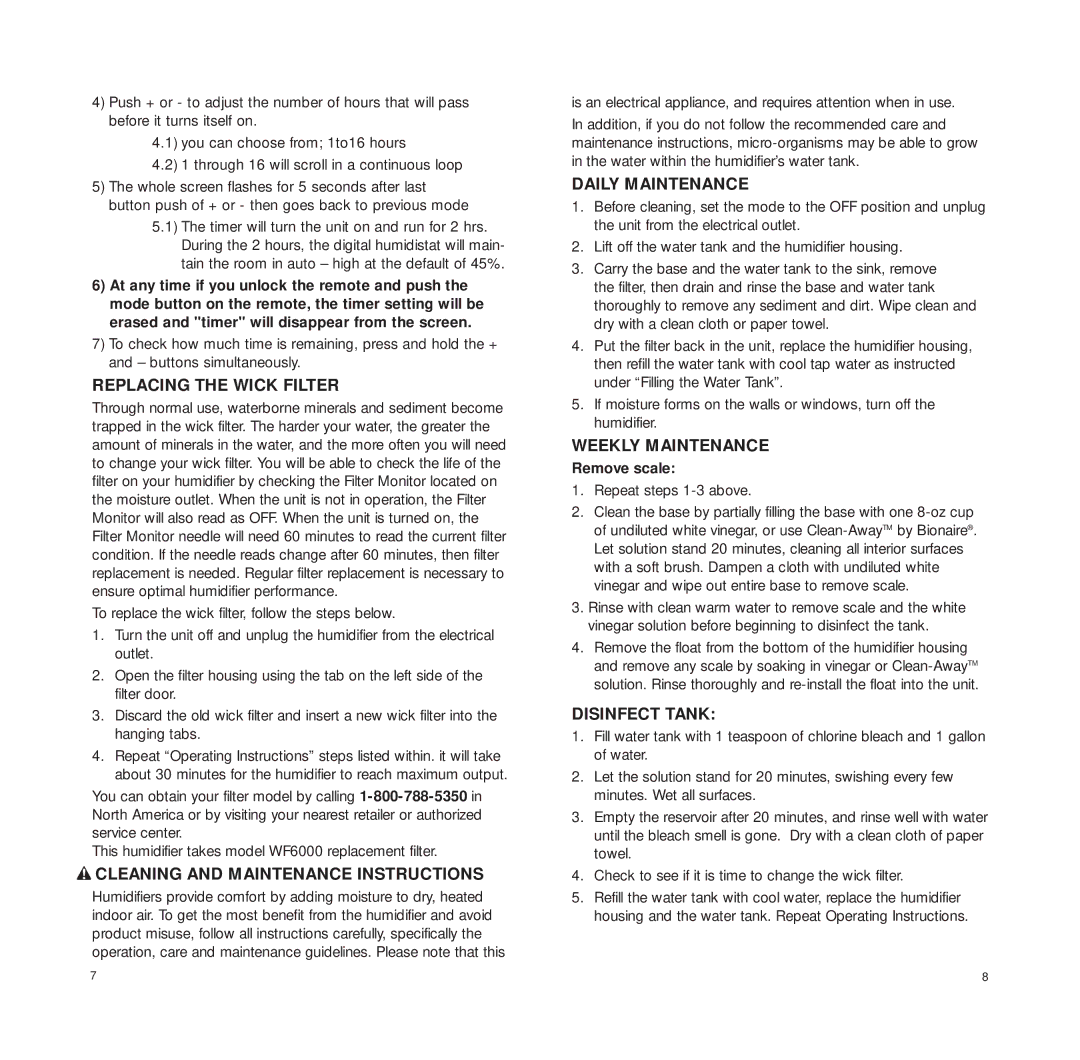 Bionaire BCM6100 Replacing the Wick Filter, Cleaning and Maintenance Instructions, Daily Maintenance, Weekly Maintenance 