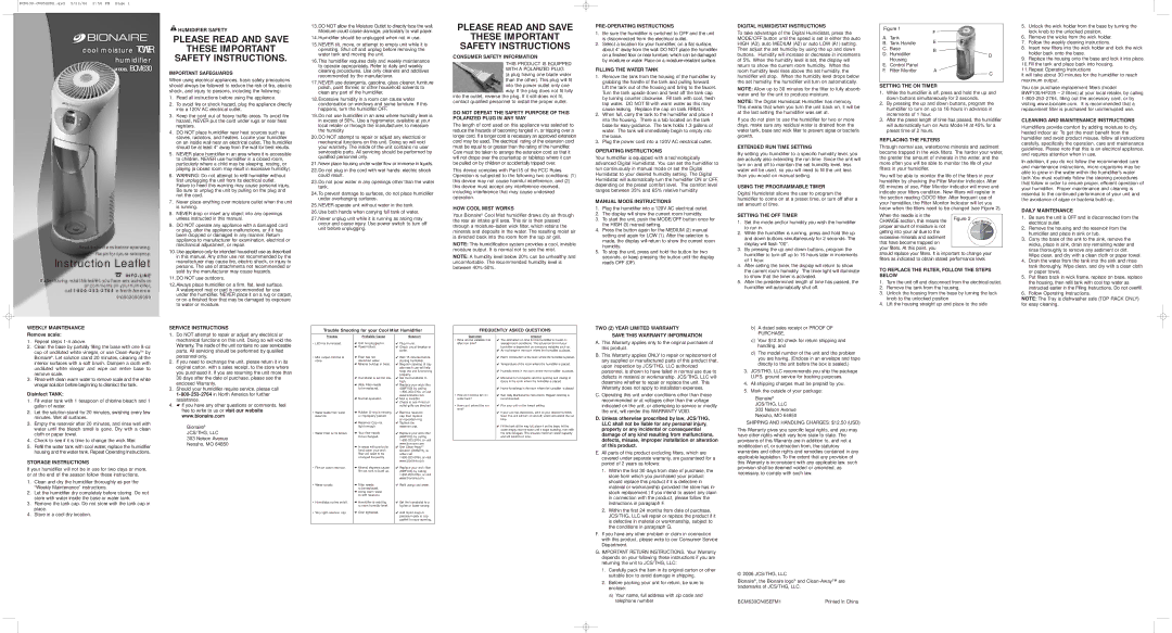 Bionaire BCM630CN05EFM1 important safety instructions Humidifier Safety, Important Safeguards, Consumer Safety Information 