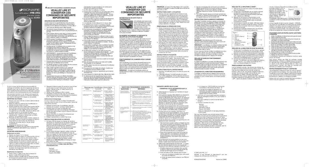 Bionaire BCM630CN05EFM1 Sécurité EN Matière D’HUMIDIFICATEURS, Mesures DE Sécurité Importantes, Instructions D’UTILISATION 