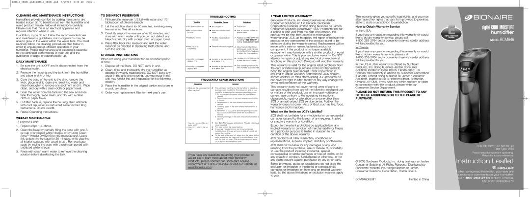 Bionaire BCM646 warranty Cleaning and Maintenance Instructions, Daily Maintenance, Weekly Maintenance 