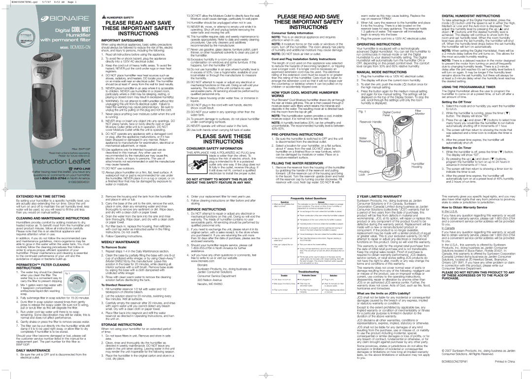 Bionaire BCM655CN07EFM1 warranty Important Safeguards, Consumer Safety Information, PRE-OPERATING Instructions 