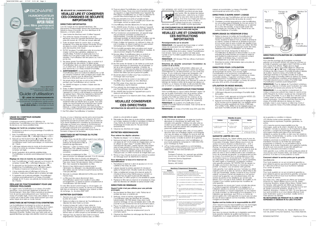 Bionaire BCM655CN07EFM1 warranty Usage DU Compteur Horaire Programmable, Directives Importantes, Entretien Hebdomadaire 