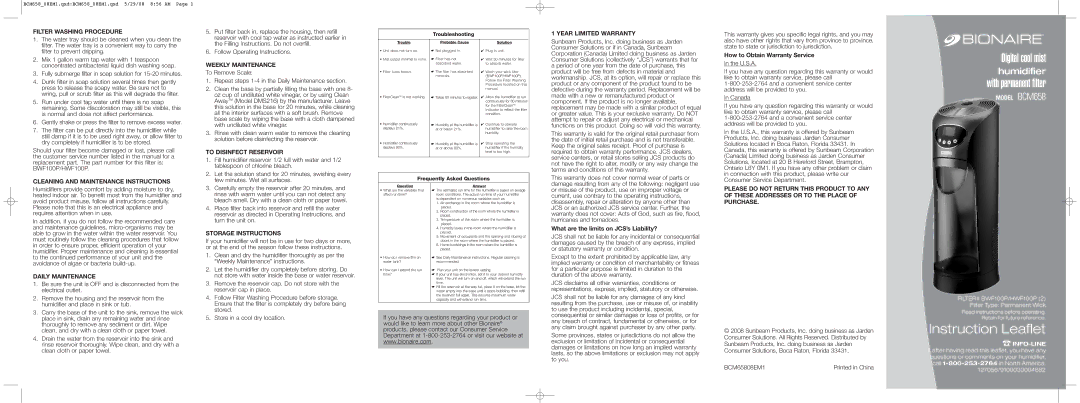 Bionaire BCM658 warranty Filter Washing Procedure, Cleaning and Maintenance Instructions, Daily Maintenance 