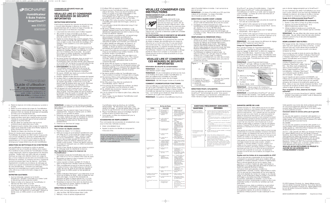 Bionaire BCM7203 Consignes DE Sécurité Pour LES Humidificateurs, Instructions Importantes, Remplissage DU Réservoir D’EAU 