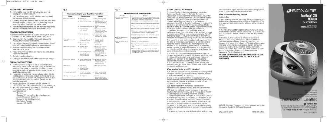 Bionaire BCM7204 warranty To Disinfect Reservoir, Year Limited Warranty, Storage Instructions, Service Instructions 