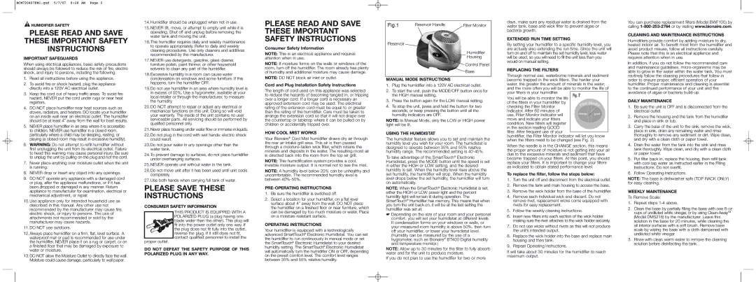 Bionaire BCM7204 Important Safeguards, Consumer Safety Information, HOW Cool Mist Works, PRE-OPERATING Instructions 