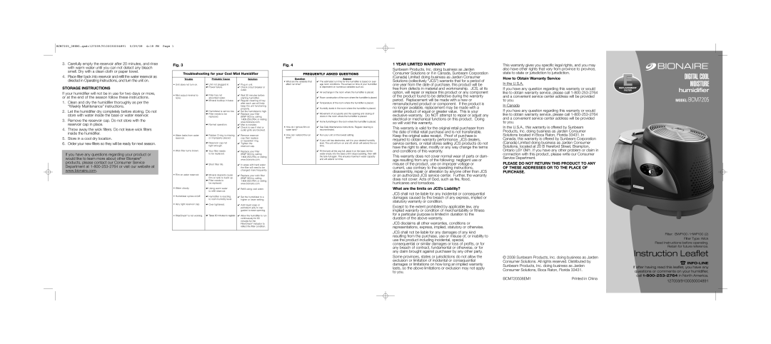 Bionaire BCM7205 warranty Year Limited Warranty, Storage Instructions, What are the limits on JCS’s Liability? 