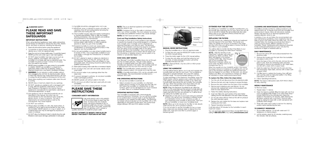 Bionaire BCM7205 Important Instructions, Consumer Safety Information, HOW Cool Mist Works, PRE-OPERATING Instructions 