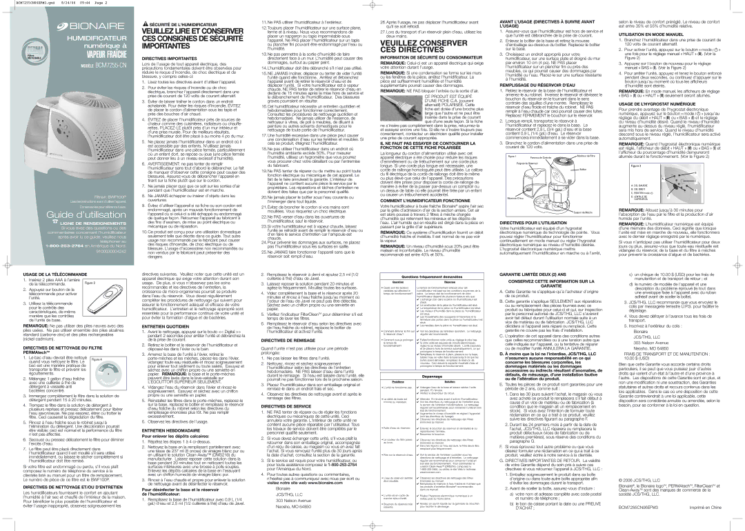 Bionaire BCM7255-CN Usage DE LA Télécommande Sécurité DE Lhumidificateur, Directives Importantes, Entretien Quotidien 