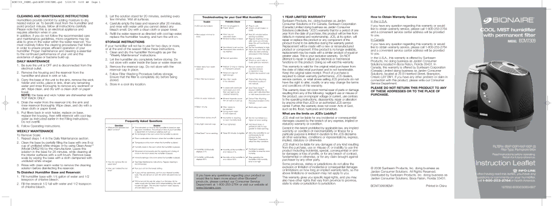 Bionaire BCM7309 warranty Cleaning and Maintenance Instructions, Year Limited Warranty, Daily Maintenance 