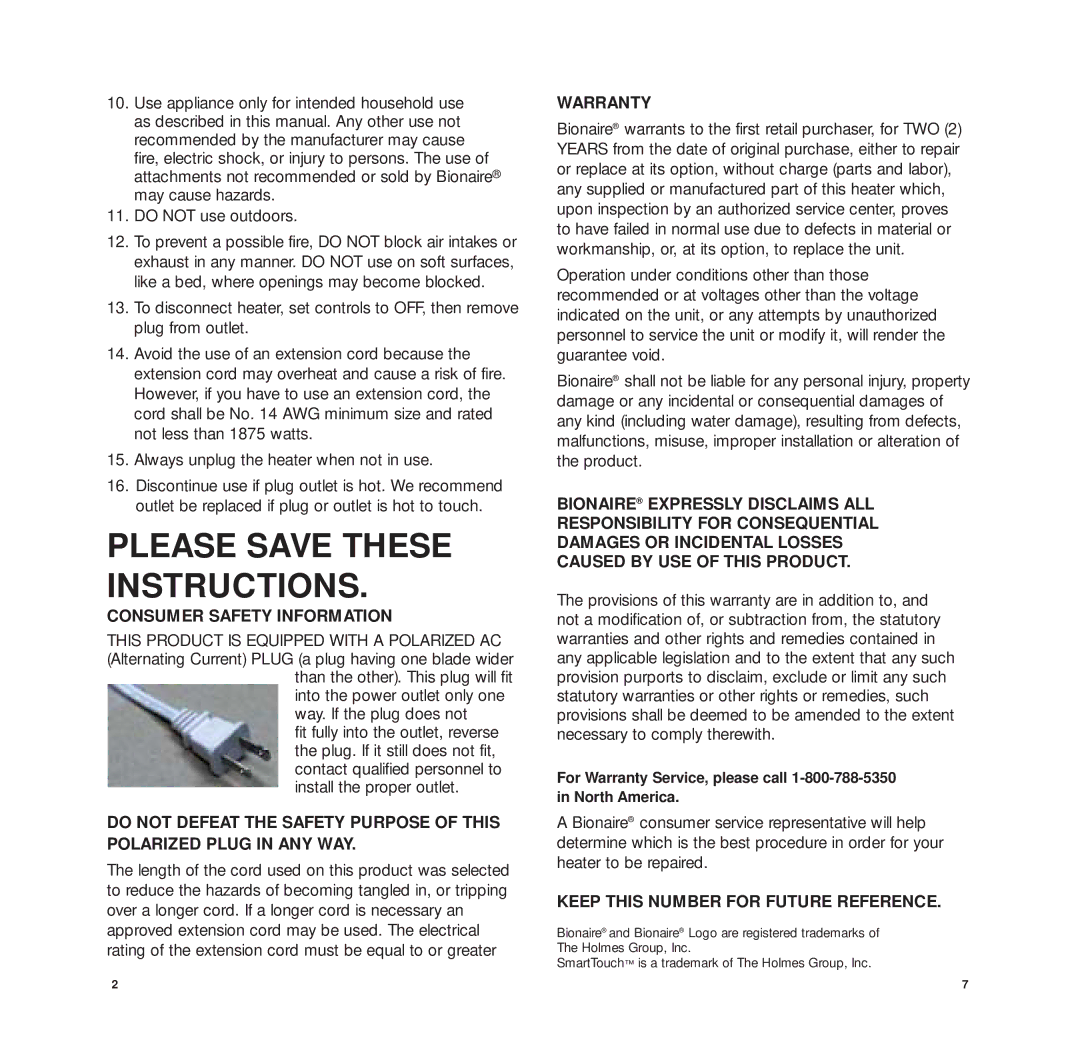 Bionaire BFH3414, BFH3416 manual Please Save These Instructions, Consumer Safety Information, Warranty 