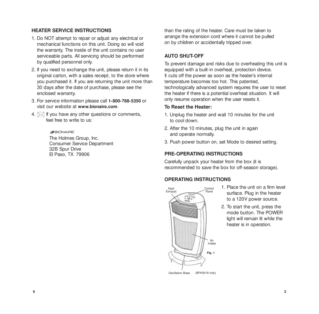 Bionaire BFH3416, BFH3414 Heater Service Instructions, Auto SHUT-OFF, PRE-OPERATING Instructions, Operating Instructions 