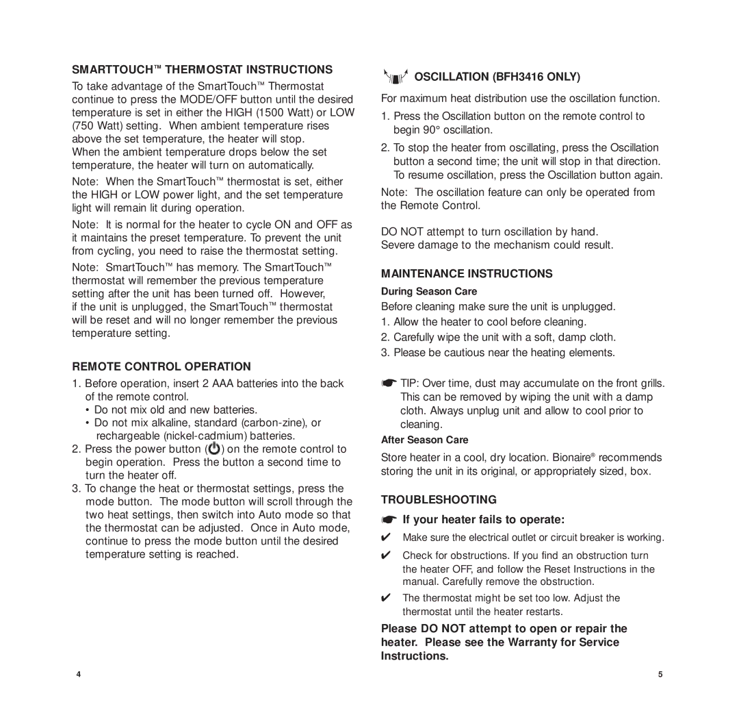 Bionaire BFH3414 Smarttouch Thermostat Instructions, Remote Control Operation, Oscillation BFH3416 only, Troubleshooting 