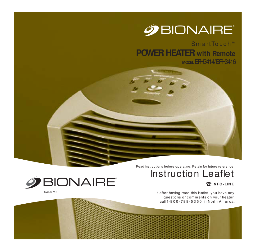 Bionaire manual POWER HEATER with Remote, Instruction Leaflet, SmartTouch, MODEL BFH3414/BFH3416, Info-Line, 428-0718 