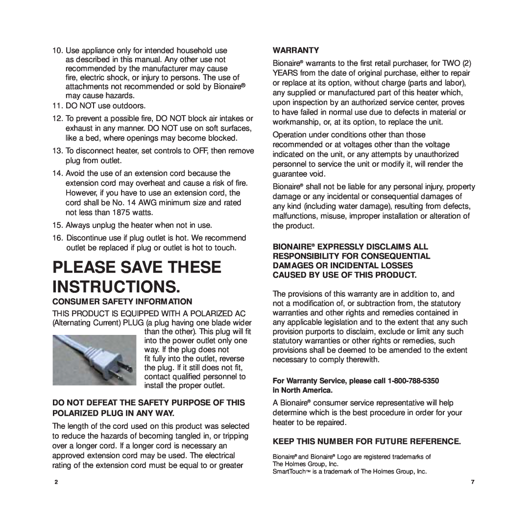 Bionaire BFH3414, BFH3416 manual Please Save These Instructions, Consumer Safety Information, Warranty 
