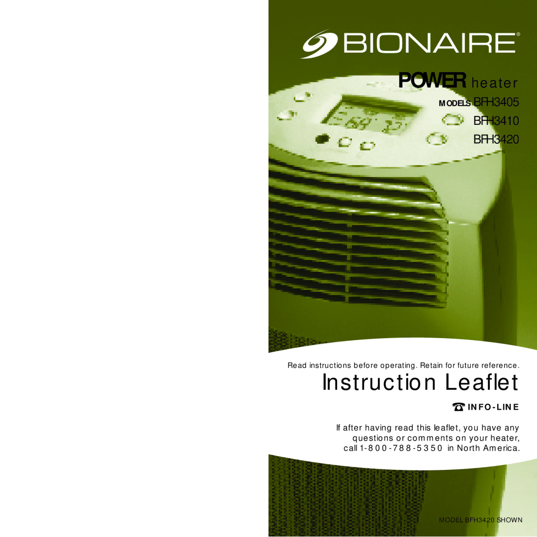 Bionaire BFH3410, BFH3420 manual Power heater, Models BFH3405 