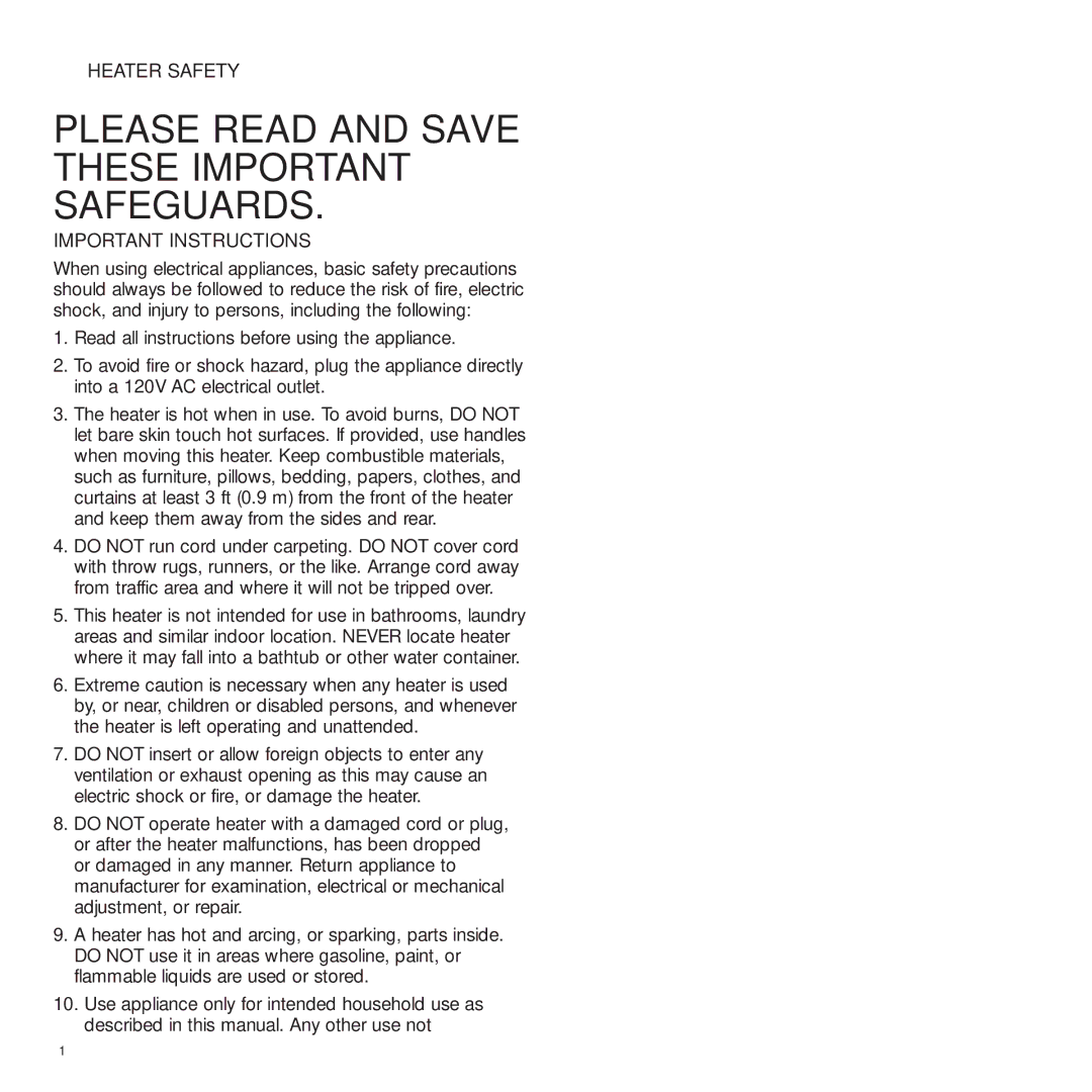 Bionaire BFH3405, BFH3420, BFH3410 Please Read and Save These Important Safeguards, Heater Safety, Important Instructions 