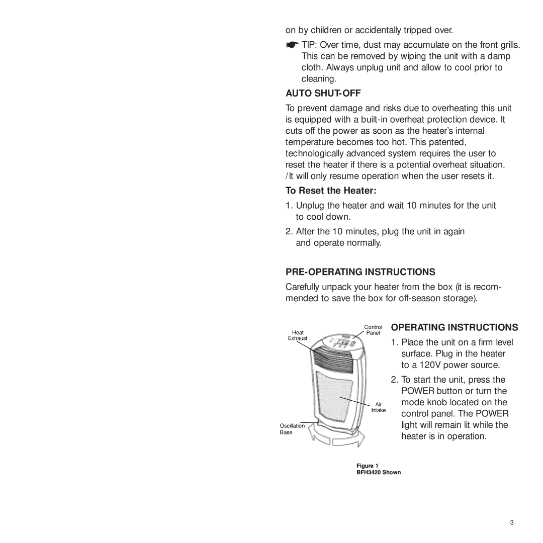 Bionaire BFH3410, BFH3420, BFH3405 Auto SHUT-OFF, To Reset the Heater, PRE-OPERATING Instructions, Operating Instructions 