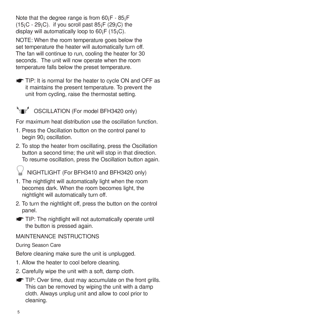 Bionaire BFH3405 Oscillation For model BFH3420 only, Nightlight For BFH3410 and BFH3420 only, Maintenance Instructions 
