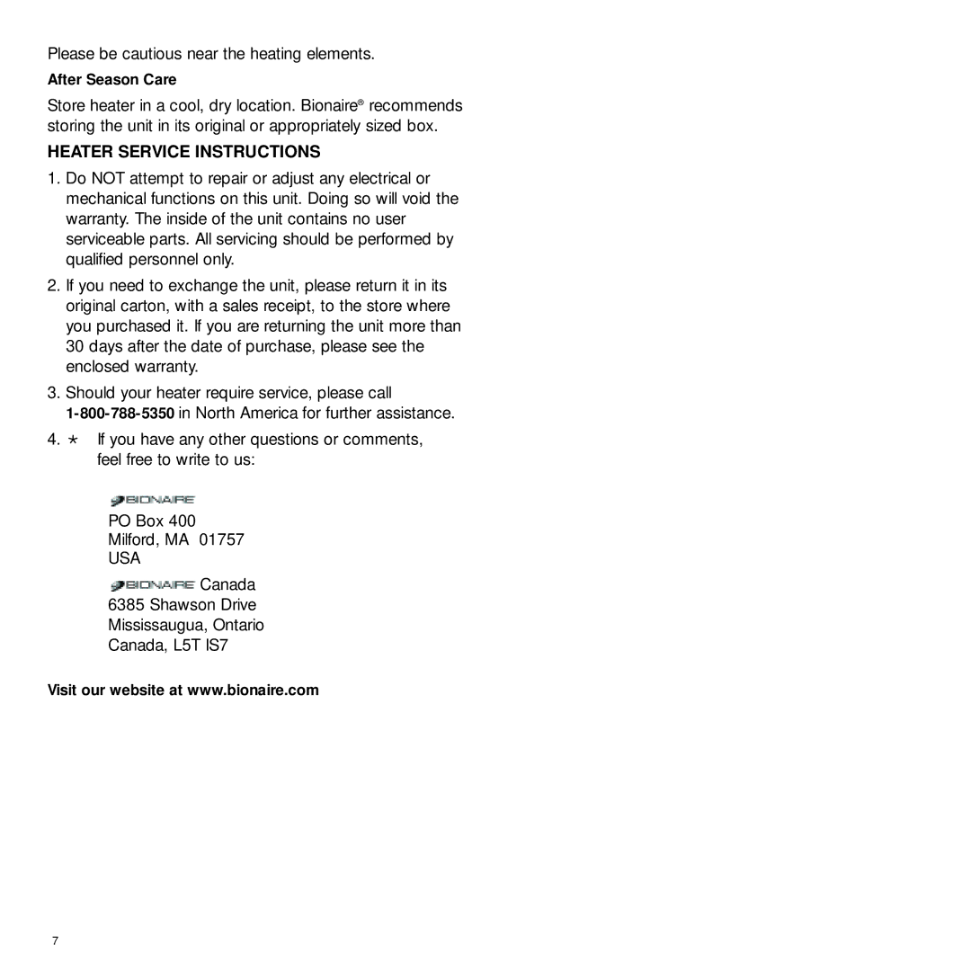 Bionaire BFH3405, BFH3420, BFH3410 manual Please be cautious near the heating elements, Heater Service Instructions 