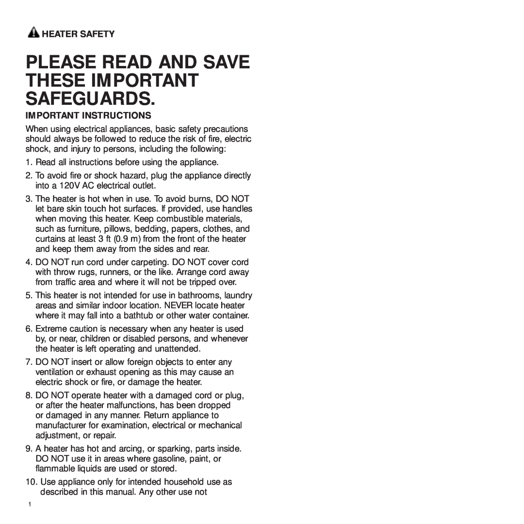 Bionaire BFH3405, BFH3420, BFH3410 Please Read And Save These Important Safeguards, Heater Safety, Important Instructions 