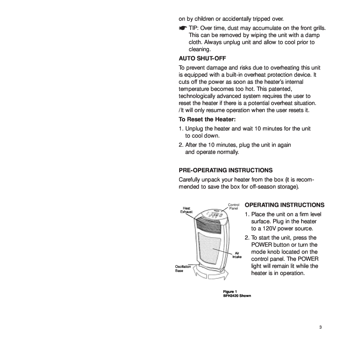 Bionaire BFH3410, BFH3420, BFH3405 Auto Shut-Off, To Reset the Heater, Pre-Operatinginstructions, Operating Instructions 
