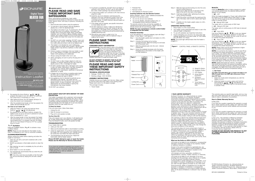 Bionaire BFH3521 important safety instructions Please Read and Save These Important Safe Safeguards 