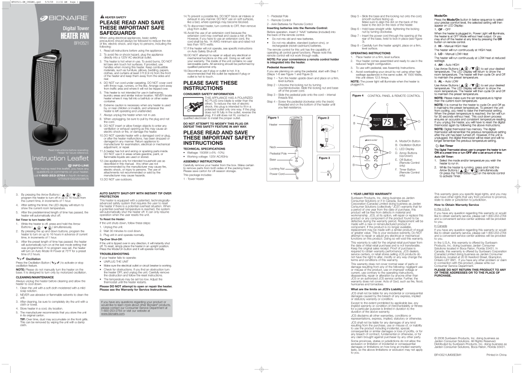 Bionaire BFH3521 important safety instructions Instruction Leaflet, Digital Tower, Please Save These Instructions 