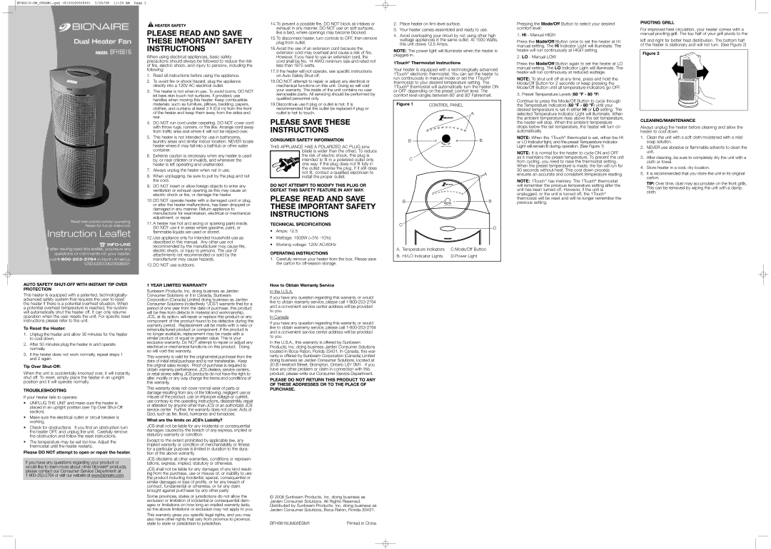 Bionaire BFH6616 warranty Consumer Safety Information, Technical Specifications, Operating Instructions, Pivoting Grill 