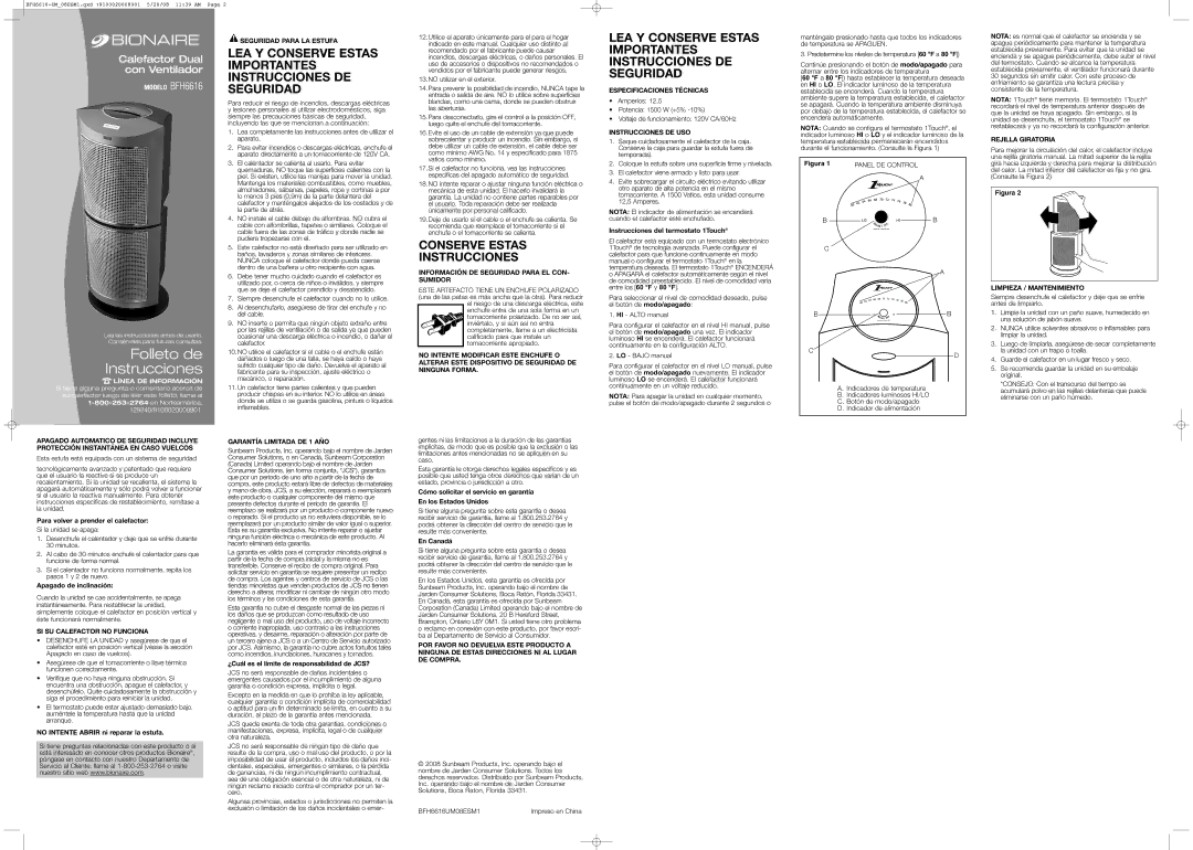 Bionaire BFH6616 SI SU Calefactor no Funciona, Seguridad Para LA Estufa, Garantía Limitada DE 1 AÑO, Instrucciones DE USO 