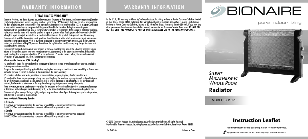 Bionaire BH1551 warranty Year Limited Warranty, What are the limits on JCS’s Liability?, How to Obtain Warranty Service 