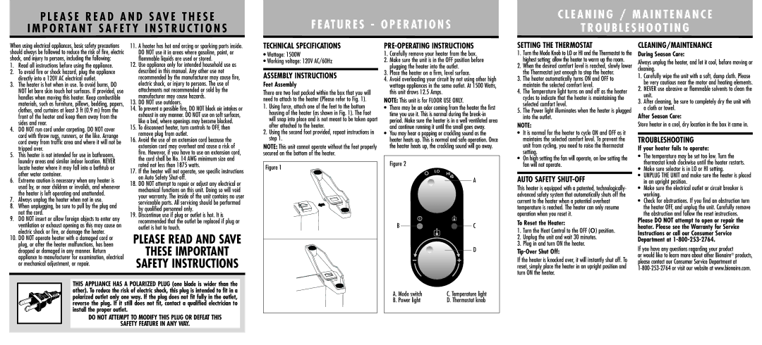 Bionaire BH1551 warranty Assembly Instructions, PRE-OPERATING Instructions, Setting the Thermostat, Auto Safety SHUT-OFF 