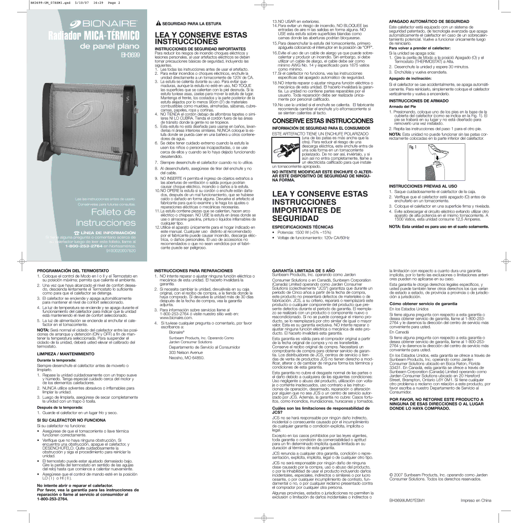 Bionaire BH3699 Programación DEL Termostato, Limpieza / Mantenimiento, SI SU Calefactor no Funciona 