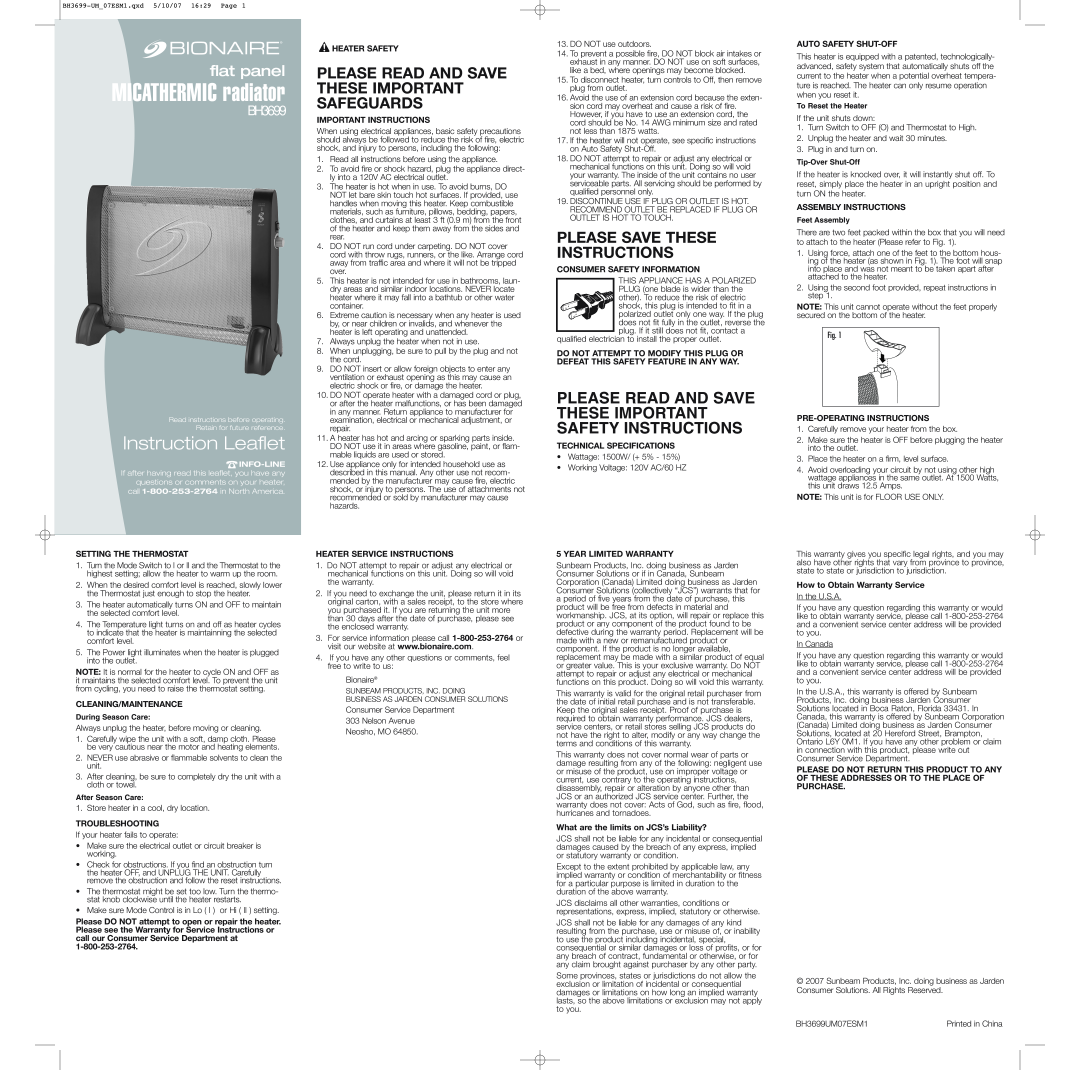 Bionaire BH3699 important safety instructions Instruction Leaflet, flat panel, MICATHERMIC radiator 