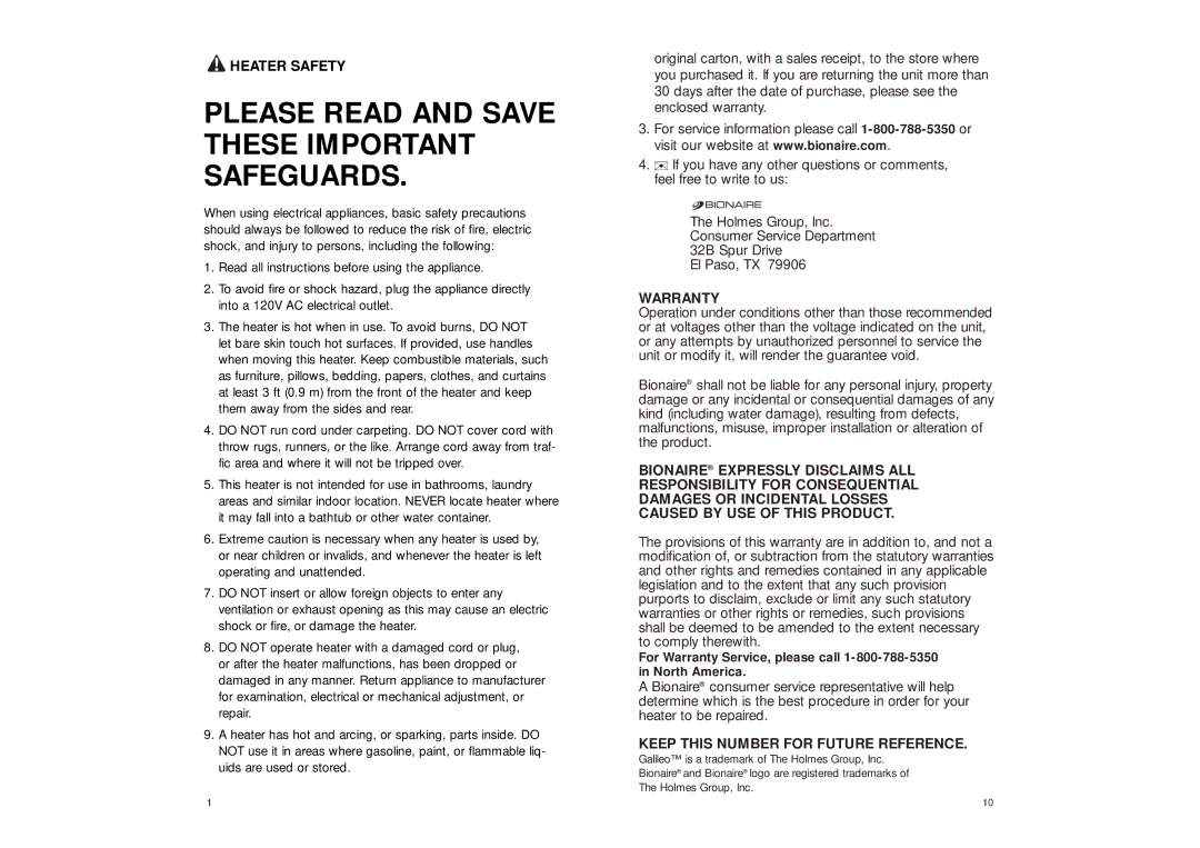 Bionaire BH3930 manual Please Read and Save These Important Safeguards, Heater Safety 