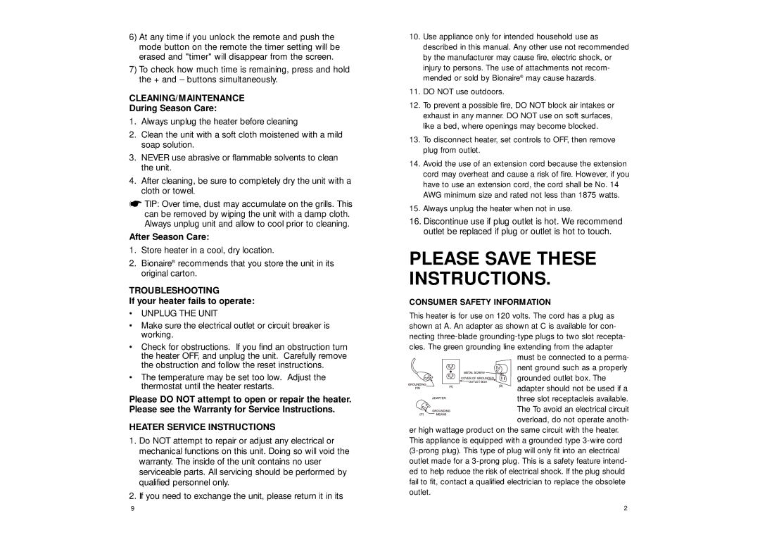 Bionaire BH3930 manual Please Save These Instructions, Cleaning/Maintenance, Troubleshooting, Heater Service Instructions 