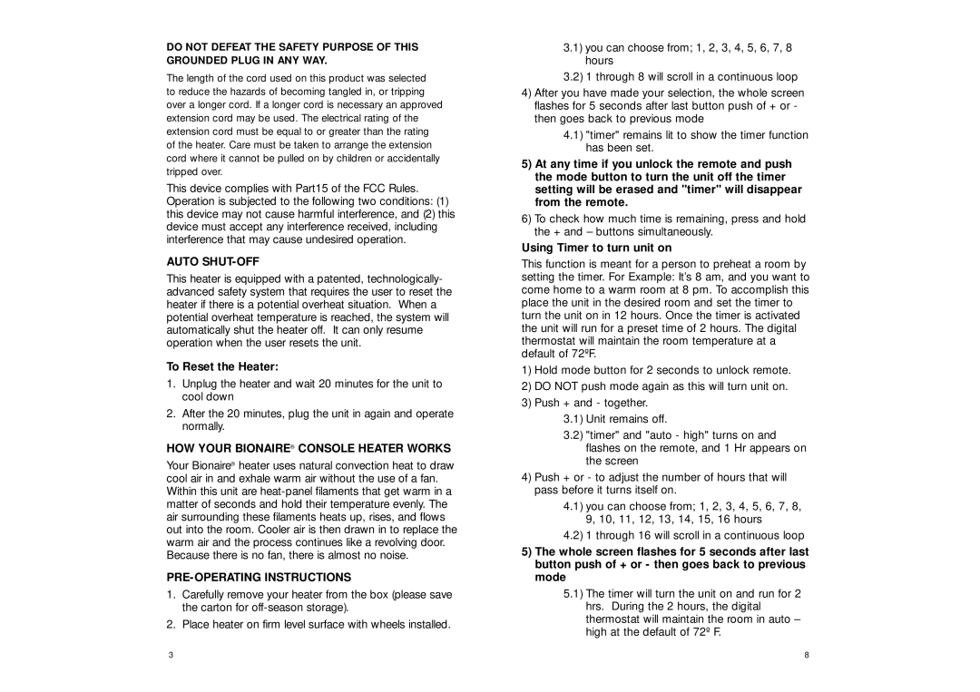 Bionaire BH3930 Auto SHUT-OFF, To Reset the Heater, HOW Your Bionaire Console Heater Works, PRE-OPERATING Instructions 