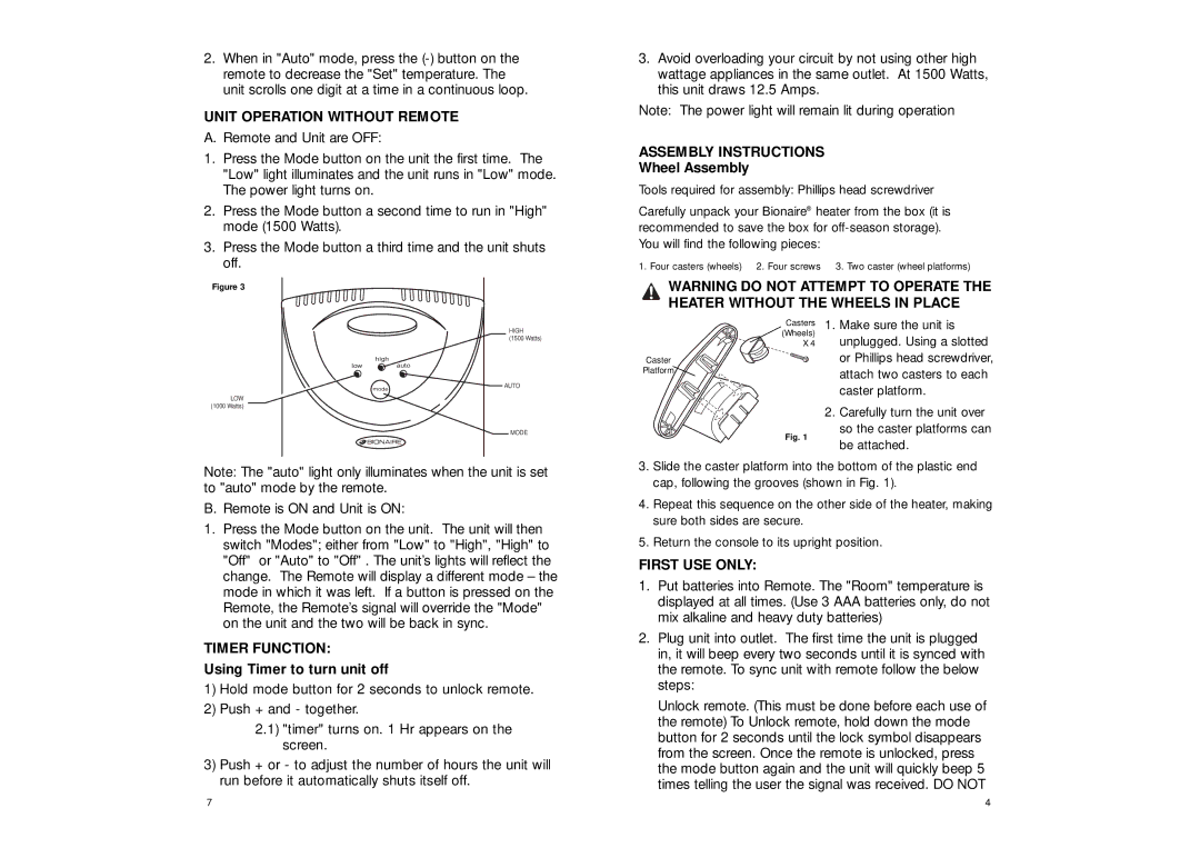 Bionaire BH3930 manual Unit Operation Without Remote, Assembly Instructions, Timer Function, First USE only 