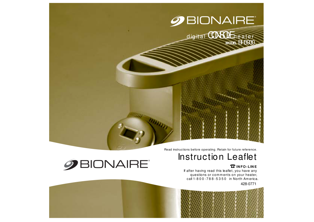 Bionaire manual Instruction Leaflet, digital CONSOLE heater, MODEL BH3930, 428-0771, Info-Line 