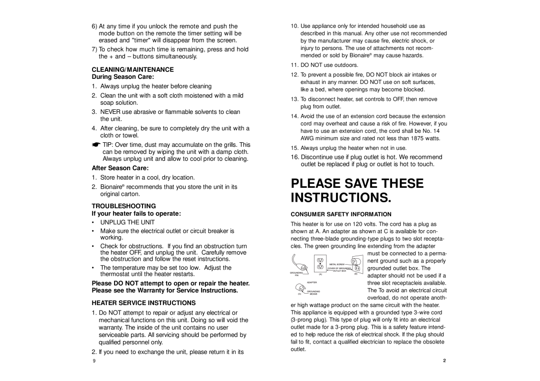 Bionaire BH3930 manual Please Save These Instructions, CLEANING/MAINTENANCE During Season Care, After Season Care 