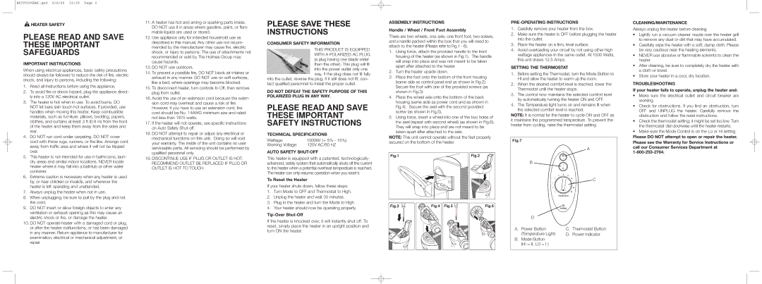 Bionaire BH3950 warranty Heater Safety, Important Instructions, Consumer Safety Information, Technical Specifications 