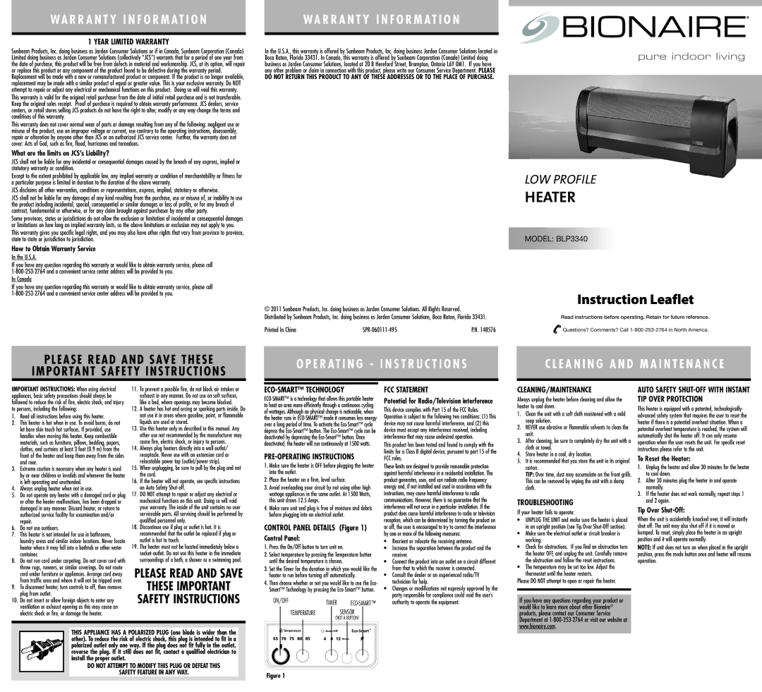 Bionaire BLP3340 warranty ECO-SMART Technology, FCC Statement, Cleaning/Maintenance, Troubleshooting 