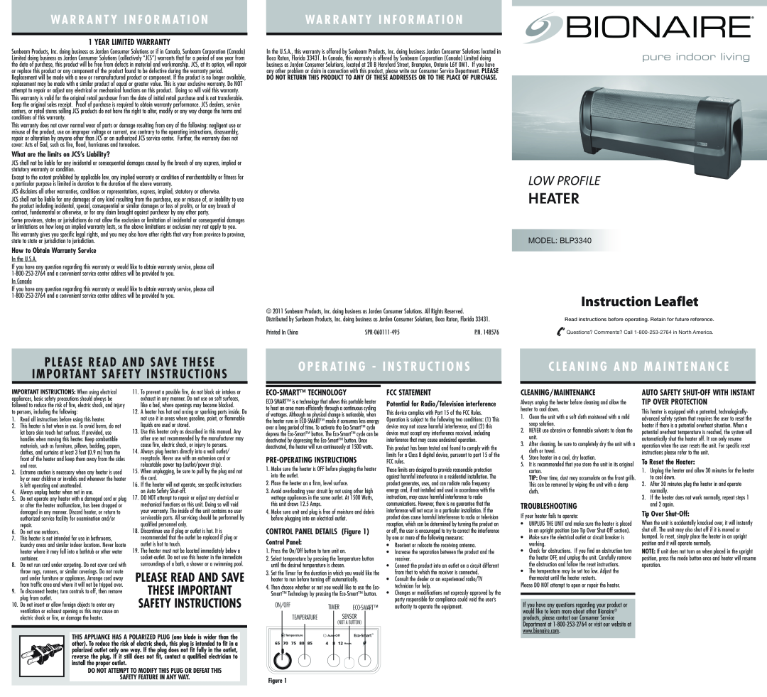 Bionaire BLP3340 warranty Heater, Instruction Leaflet, Low Profile, Wa R R A N T Y I N F O R M At I O N, These Important 