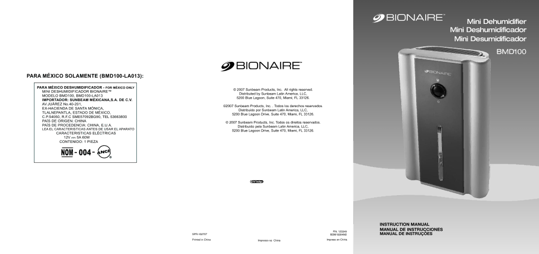 Bionaire instruction manual Modelo BMD100, BMD100-LA013, Importador Sunbeam MÉXICANA,S.A. DE C.V 