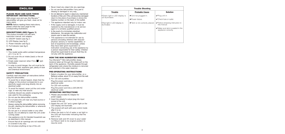 Bionaire BMD100 instruction manual English, Safety Precaution, PRE-OPERATING Instructions, Operating Instructions 