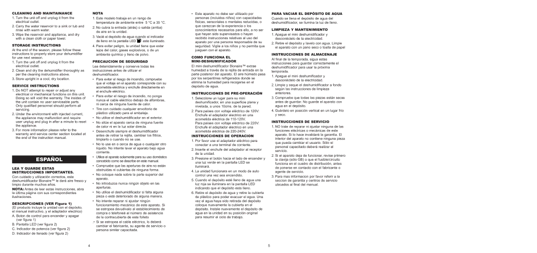 Bionaire BMD100 instruction manual Español 