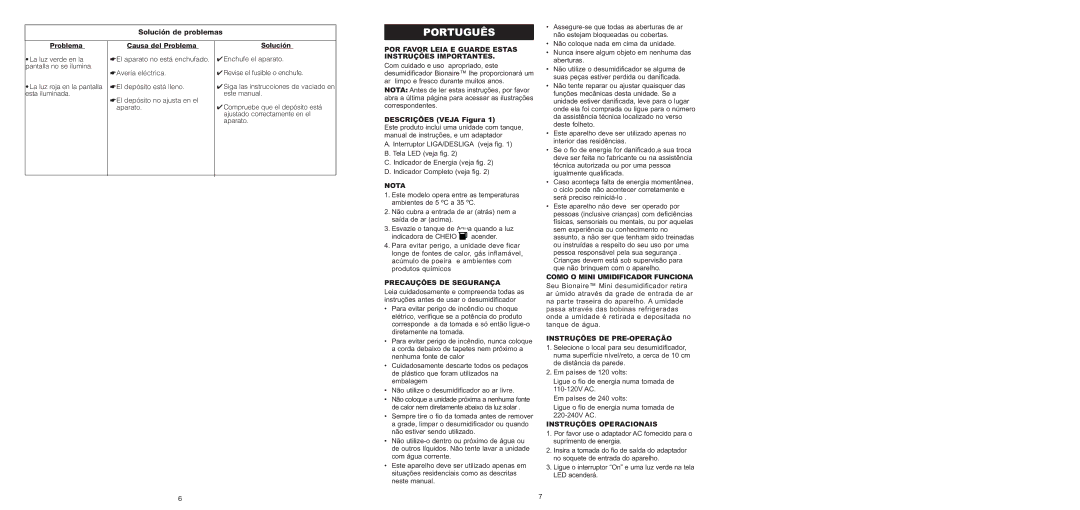 Bionaire BMD100 instruction manual Português, Descrições Veja Figura, Precauçôes DE Segurança, Instruções DE PRE-OPERAÇÃO 