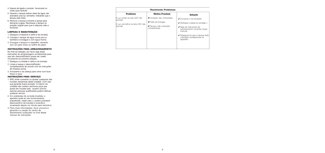 Bionaire BMD100 instruction manual Limpeza E Manutenção, Instruções Para Serviço 